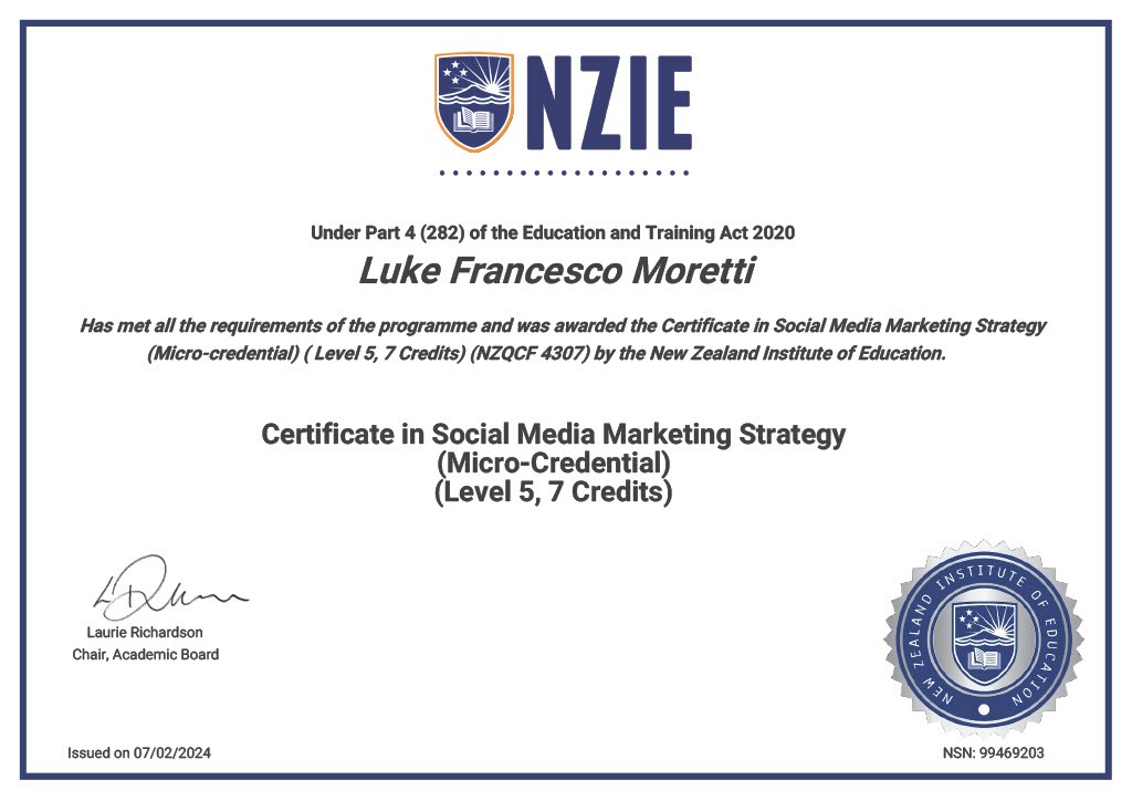 Luke Moretti Social Media Marketing Certificate, NZIE Level 5