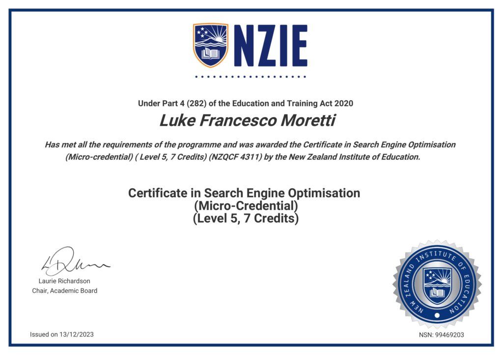 certificate of completion seo sept23 lukemoretti, Reward Yourself