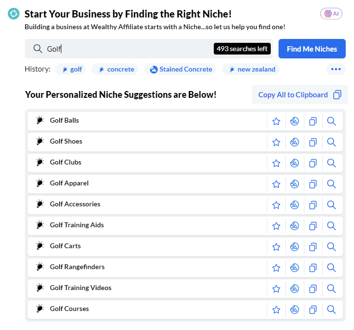 Niche finder tool, golf search