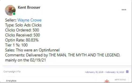 Wayne Crowe Solo Ads Testimonial